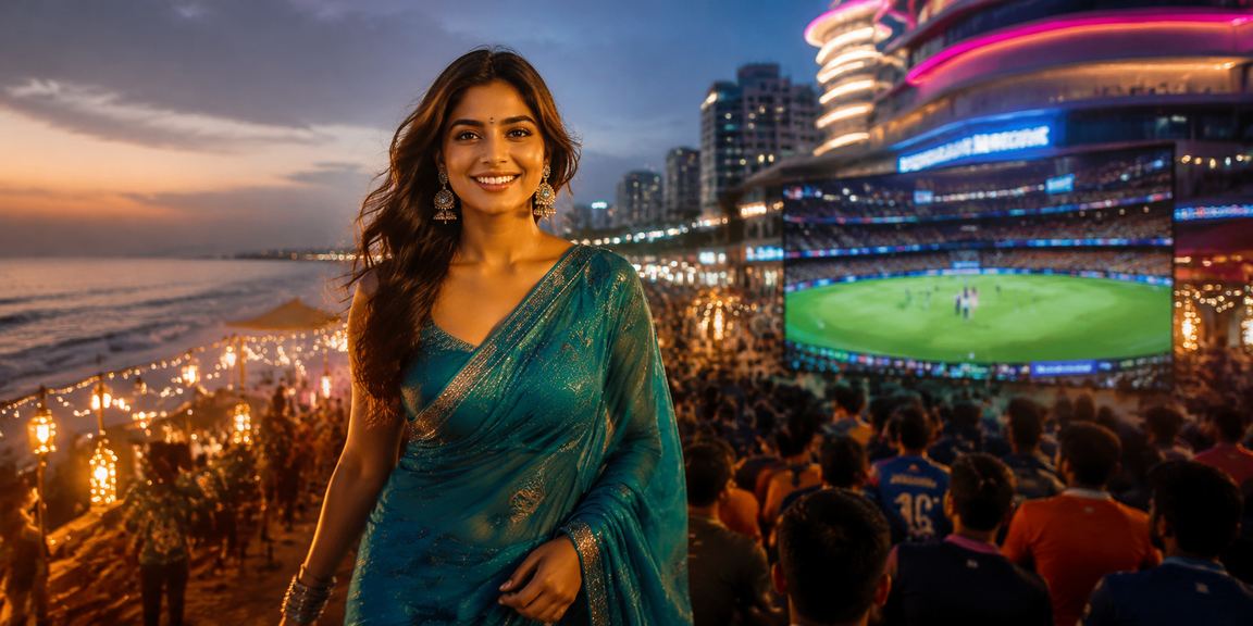 Indian woman enjoying cricket sports betting on mobile with scenic Marina Beach in Chennai