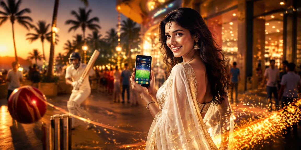 Sunlit sandy beach with cricket betting theme in Saree